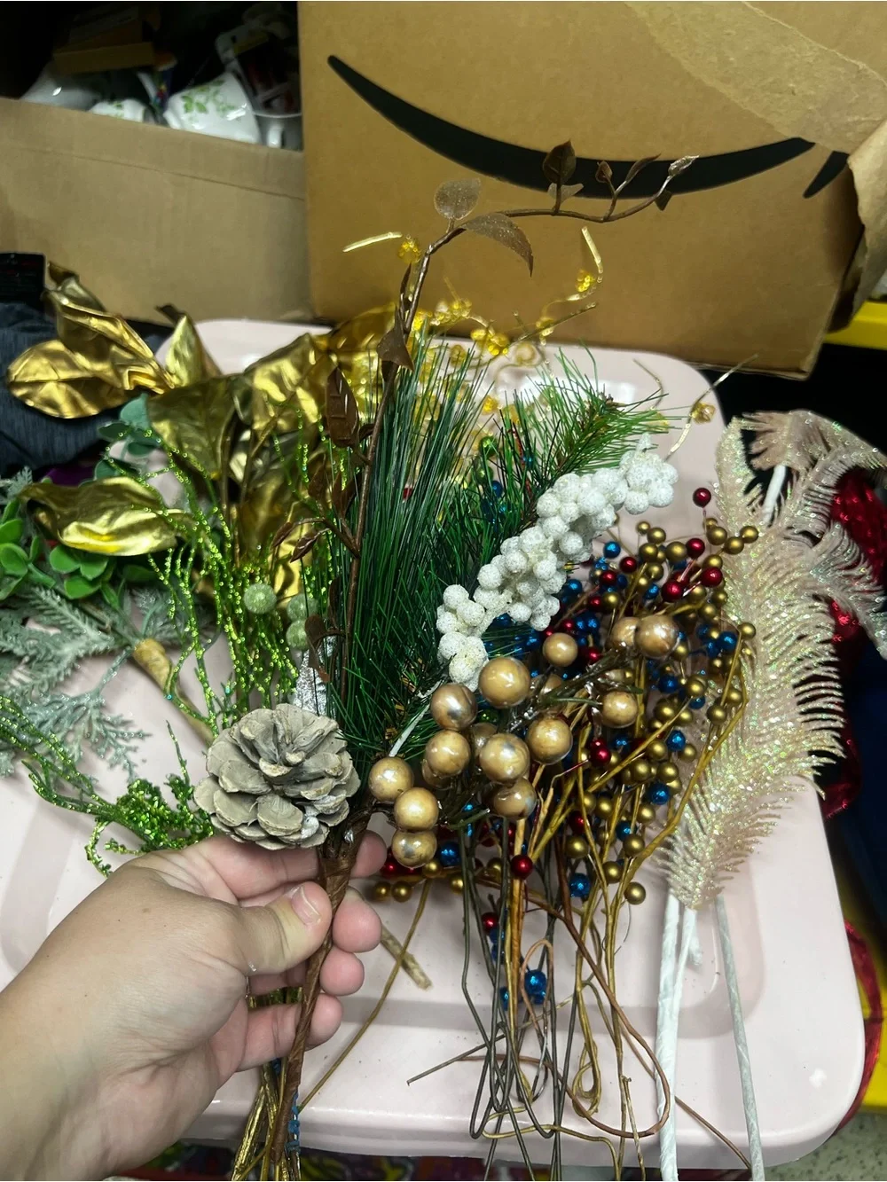 Decorative Holiday Berry and Leaf Stem Bundle - Gold, Green, Blue, Red
